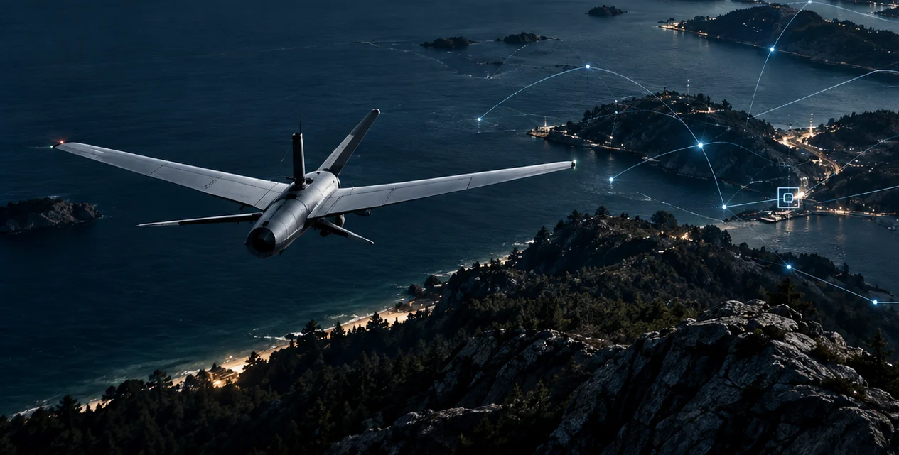 Uncrewed aircraft over a coastline at night, with a mesh of links drawn between dispersed nodes on the shore and at sea.