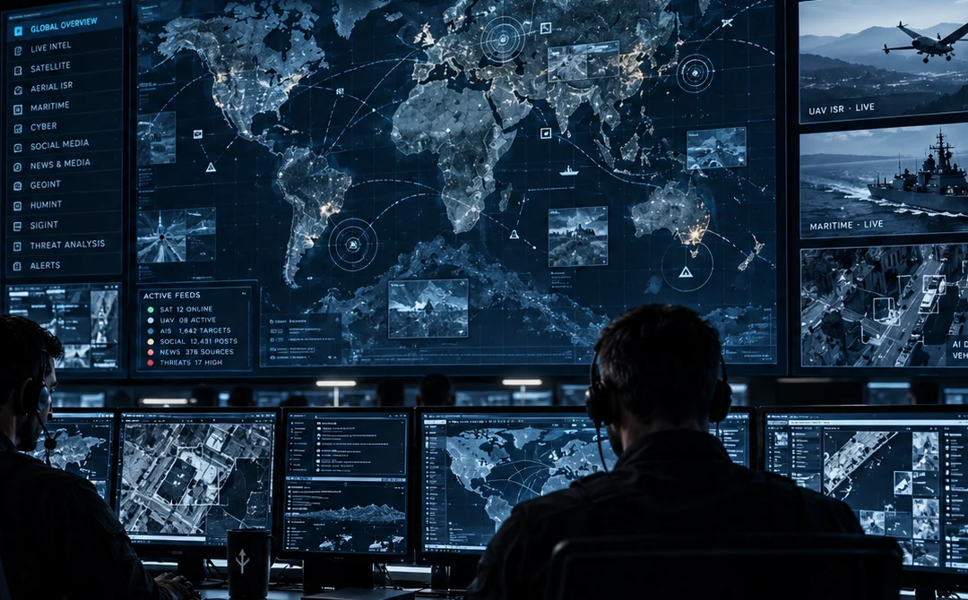 Intelligence operations centre with a global common operating picture and live multi-source feeds.