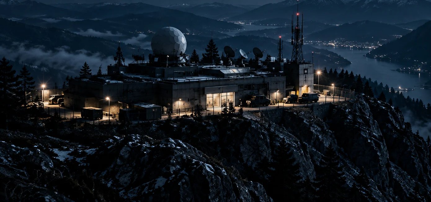 Mountain-top radar and communications station at night.